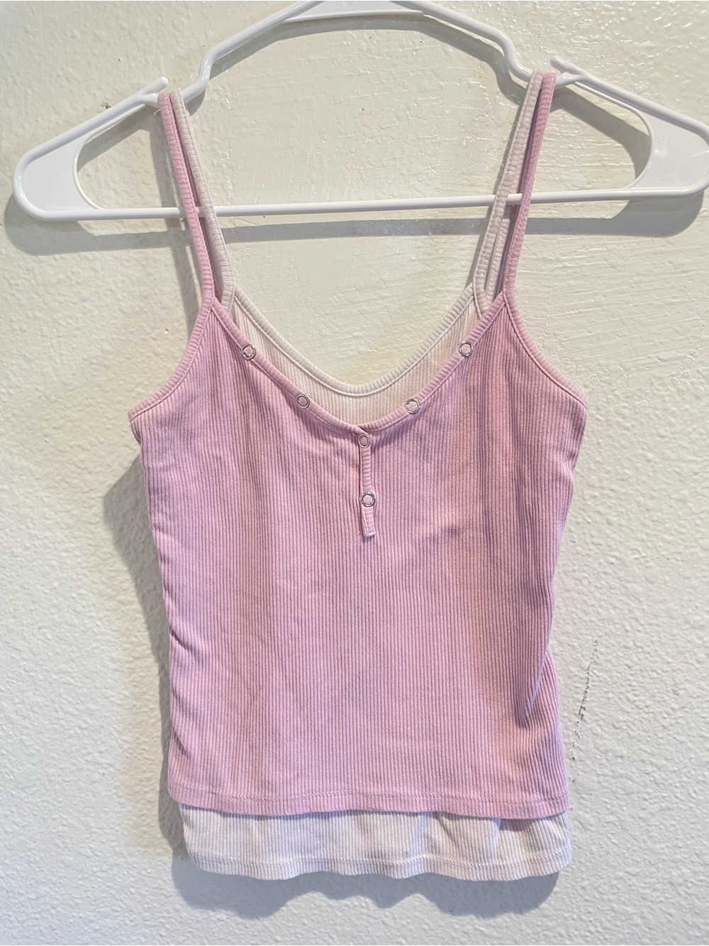 🎀 Frankee & Skylarr Layered Henley Cami Top Pink White Ribbed XS